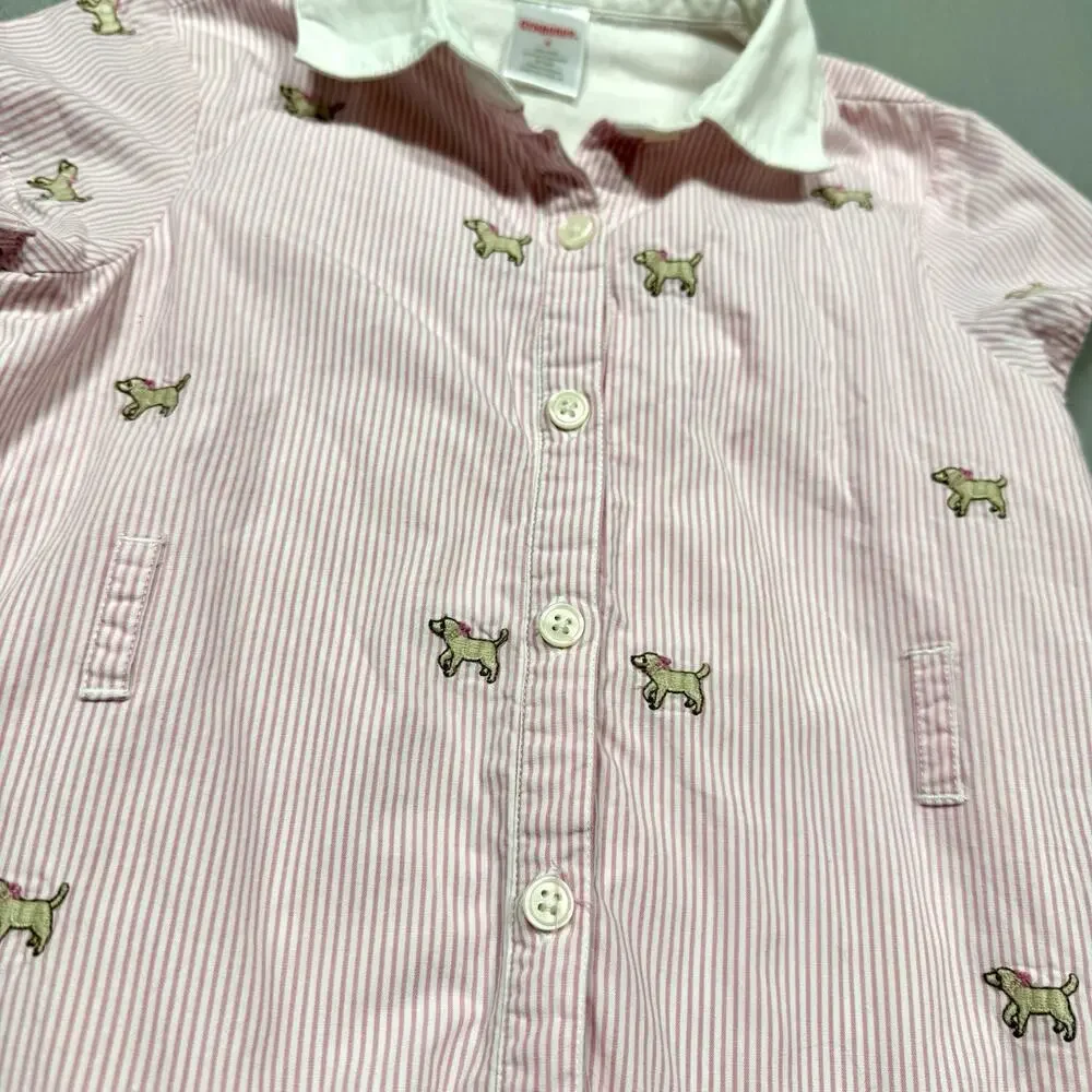 Gymboree Pink Striped Puppy Dog Bow Button Front Shirt Dress Girls Size 6 Golden